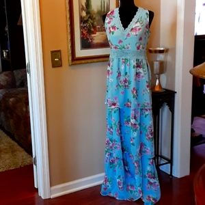 Miss Selfridge aqua pink floral maxi lace dress v neck front & back size 8 NEW…
